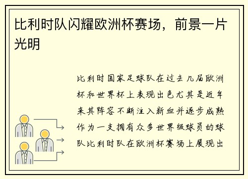 比利时队闪耀欧洲杯赛场，前景一片光明