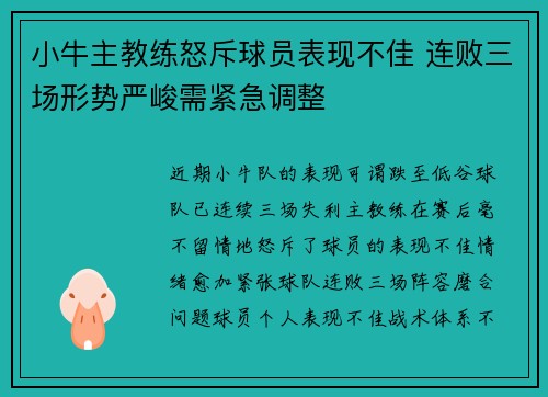 小牛主教练怒斥球员表现不佳 连败三场形势严峻需紧急调整